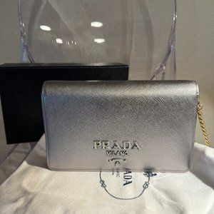 Prada Saffiano Lux - Borsa Portafoglio Bag - Silver with gold hardware